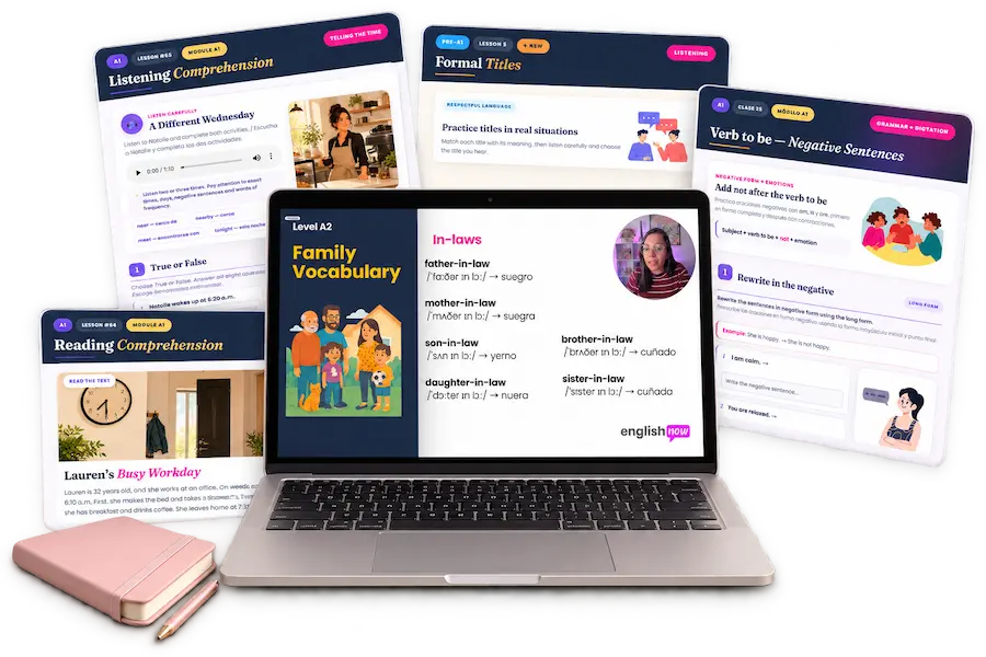 English Now en una laptop, con una clase de vocabulario y ejemplos de ejercicios de listening, reading y gramática